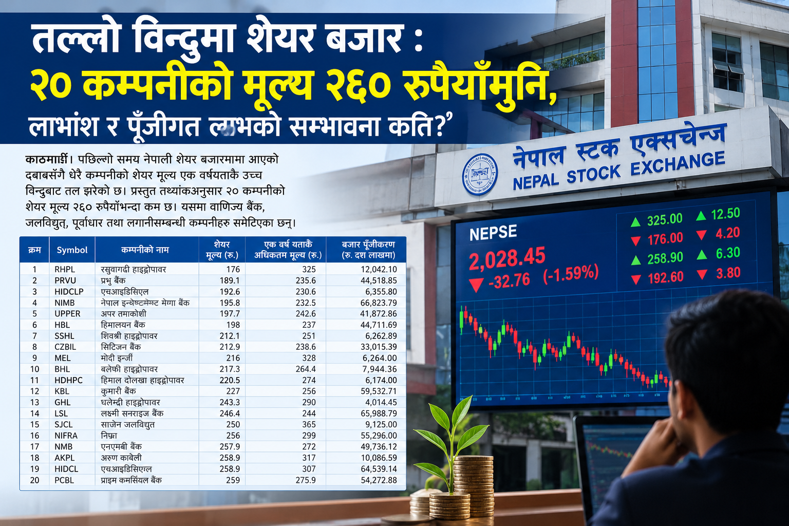 तल्लो विन्दुमा रहेको शेयर बजारमा सर्वाधिक सस्ता यि २० कम्पनी, थोरै लगानीमा धेरै कमाउने अवसर